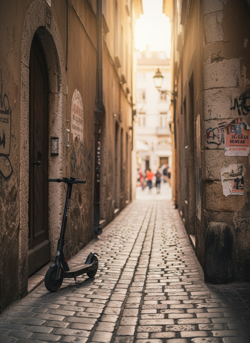 A narrow, cobblestone European alley framed by tall, weathered stone buildings, captured at golden hour. The textured walls are marked with subtle graffiti and vintage posters, while a sleek, modern electric scooter leans against a doorway, its matte black frame and scratched deck hinting at frequent use by an older kid. Warm sunlight slants in from the alley’s opening, illuminating dust motes and casting elongated shadows that stretch across uneven stones. In the distance, a hint of a busy square is slightly blurred, adding depth. Photographic realism, shot at street level with a shallow depth of field to pull focus to the scooter and tactile surfaces. The mood is independent and slightly rebellious, suggesting exploration just beyond the typical tourist path, yet still in a safe, central area.
