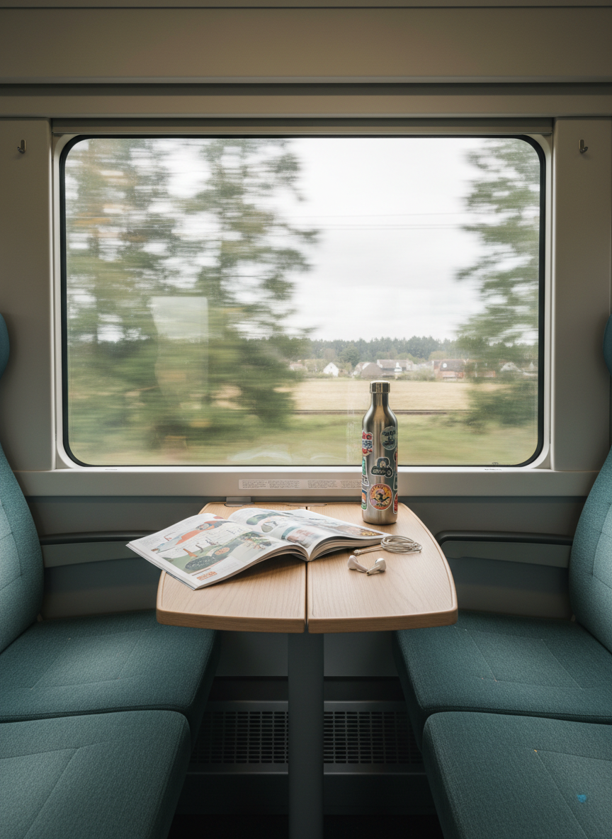A minimalist train compartment designed for long-distance European travel, featuring two opposing seats upholstered in muted teal fabric with subtle texture, and a central folding table in light oak veneer. On the table lies an open travel guide with abstract images and a pair of wireless earbuds coiled beside a reusable metal water bottle decorated with worn destination stickers. Through a wide window, blurred scenery of forests and villages rushes by in streaks of green and beige under overcast sky. Soft, diffused daylight fills the compartment, eliminating harsh shadows and creating a calm, introspective atmosphere. Photographic realism, framed symmetrically with a centered composition and deep focus. The mood is quietly adventurous and slightly introspective, capturing the in-between moments of teen travel with parents on longer journeys.