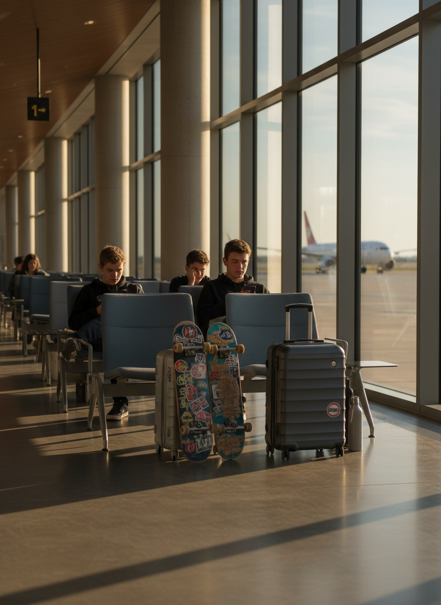 A sleek, contemporary airport departure lounge designed for older kids and teens, with a row of minimalist charcoal-gray suitcases and well-worn skateboards lined up beside low-slung fabric chairs. Large floor-to-ceiling windows reveal a runway with a plane taxiing in soft focus. Late afternoon natural light pours through the glass, casting long, sharp-edged shadows across polished concrete floors and highlighting scuffed travel stickers on the luggage. Shot at eye level with photographic realism, the composition uses the rule of thirds, emphasizing the anticipation of departure. The mood is cool, calm, and slightly detached, evoking seasoned young travelers who know their way around airports but still travel with family.