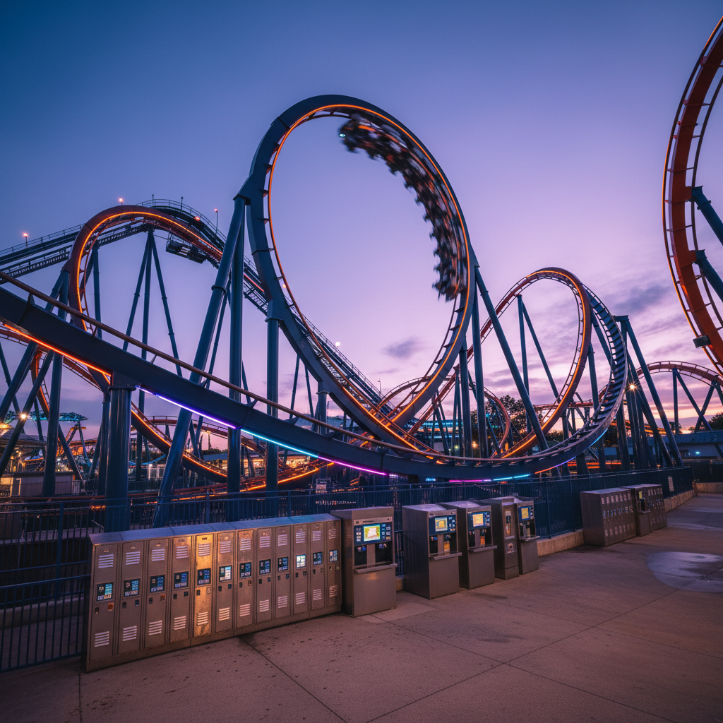 A cinematic view of a major theme park’s thrill ride area at dusk, captured from a slightly elevated vantage point. Steel roller coaster tracks twist sharply into the sky, painted in deep navy and neon orange, with a looping section frozen sharply in the middle ground. In the foreground, a cluster of locker banks and refillable drink stations sits on textured concrete, subtly hinting at real-world travel logistics. Multicolored LED lights along the ride’s structure glow against the darkening blue-purple sky, creating reflections on nearby metal railings. The lighting is vibrant and high-contrast, evoking excitement without feeling childish. Photographic realism with a wide-angle composition, emphasizing scale and intensity, perfectly suited to teens who crave adrenaline over kiddie rides.