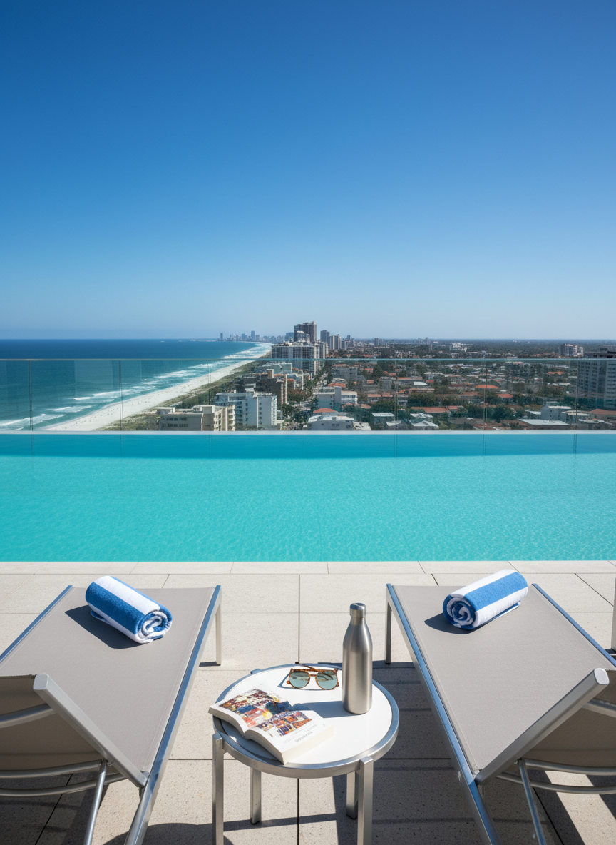 A bright, contemporary hotel rooftop pool scene set high above a coastal city, deliberately devoid of people. Sleek lounge chairs with neatly rolled striped towels line the edge of a turquoise infinity pool, their metal frames catching sharp midday sunlight. Beyond the glass safety barrier, a sweeping view of ocean, beaches, and mid-rise buildings stretches to the horizon under a clear, saturated blue sky. A small table holds a pair of mirrored sunglasses, a paperback novel, and a reusable water bottle, all carefully arranged. Photographic realism, captured from a low, slightly angled perspective so the pool appears to blend into the skyline. The mood is aspirational and self-aware, tailored to teens who want photo-worthy spaces that feel sophisticated yet still belong to family vacations.