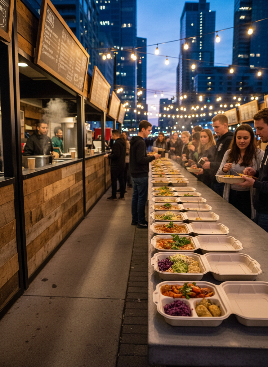 An urban food market at twilight, shot from an eye-level perspective that captures a row of contemporary food stalls constructed from reclaimed wood and matte metal. Chalkboard-style menu boards are suggested through blurred shapes without readable text, while colorful, steaming dishes in compostable containers sit lined up on a polished communal table, emphasizing variety. Overhead, strings of warm Edison bulbs cast a golden glow, creating soft pools of light and gentle shadows on the concrete floor. In the background, a modern cityscape with glass buildings reflects the last cool blue tones of the sky. Photographic realism with medium depth of field, focusing on the food and textures. The mood is vibrant yet slightly edgy, appealing to older kids who care more about authentic street food than character-shaped snacks.