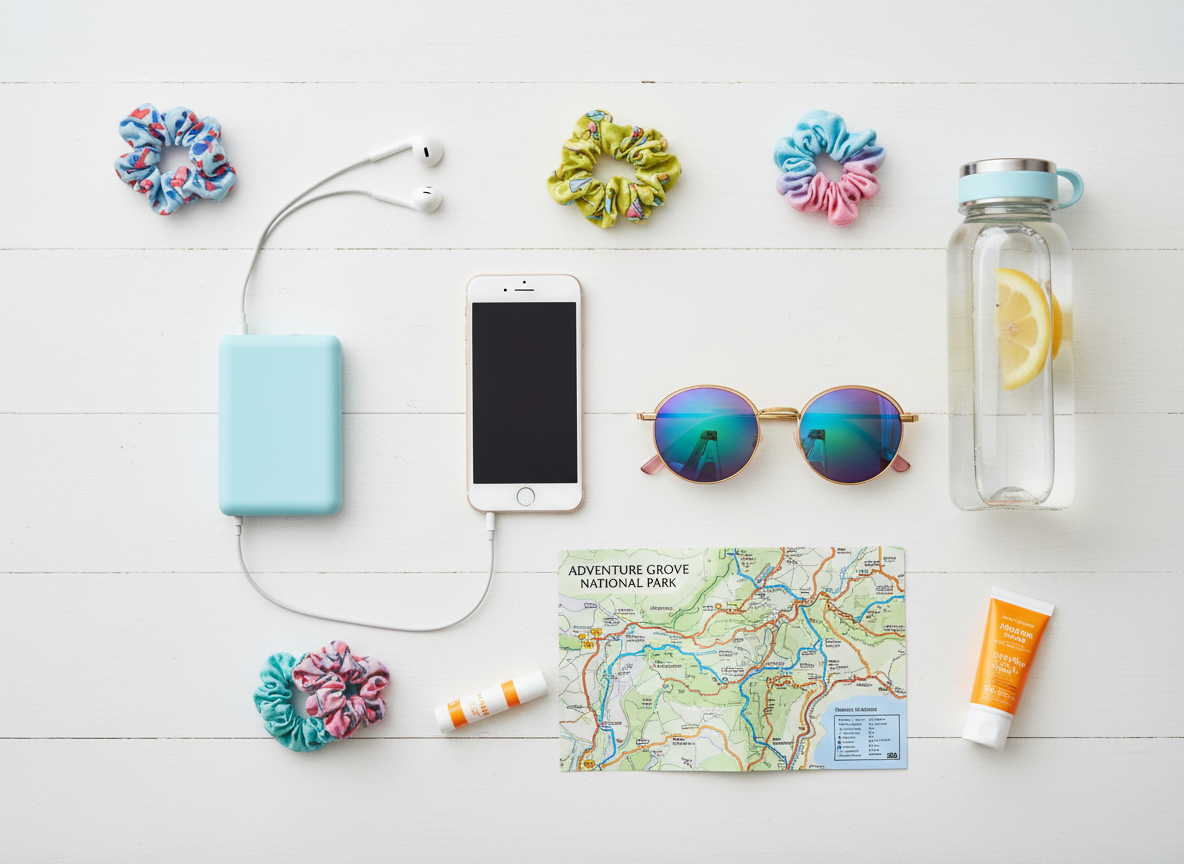 Flat lay of teen travel essentials including phone, charger and sunglasses