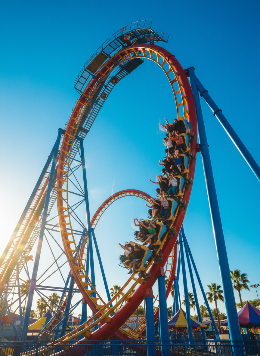 Riders throwing their hands up on a looping steel roller coaster