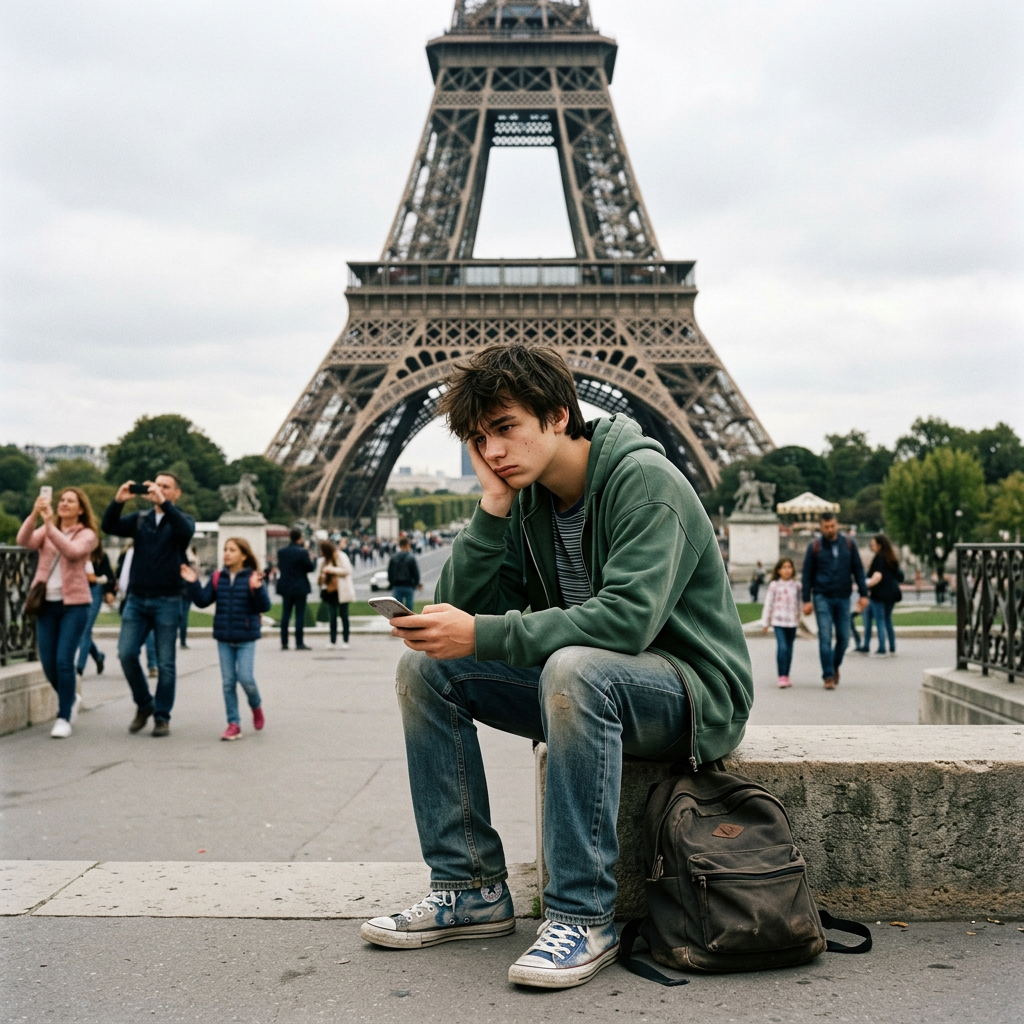 Young man sitting on a stone bench near the Eiffel Tower, looking thoughtful with a smartphone in hand